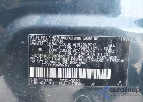 2011 Toyota Rav4 Limited z USA, uszkodzony, nr VIN 2T3DF4DV9BW167145